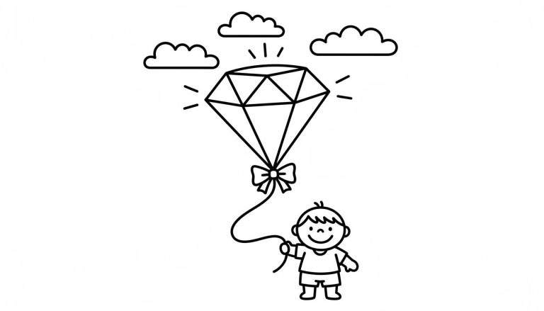 Zwart-wit kleurplaat van een lachend jongetje dat een touwtje vasthoudt. Aan het touwtje zweeft een glimmende diamant met een strik, omringd door straalstreepjes en drie wolkjes.