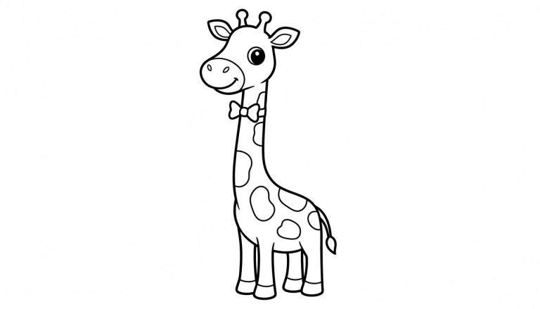 Zwart-wit lijntekening van een schattige lachende giraffe met een strikje om zijn nek, klaar om in te kleuren.