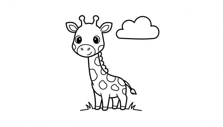 Kleurplaat van een schattige, lachende giraffe in cartoonstijl met lege vlekken, gras en een wolk.