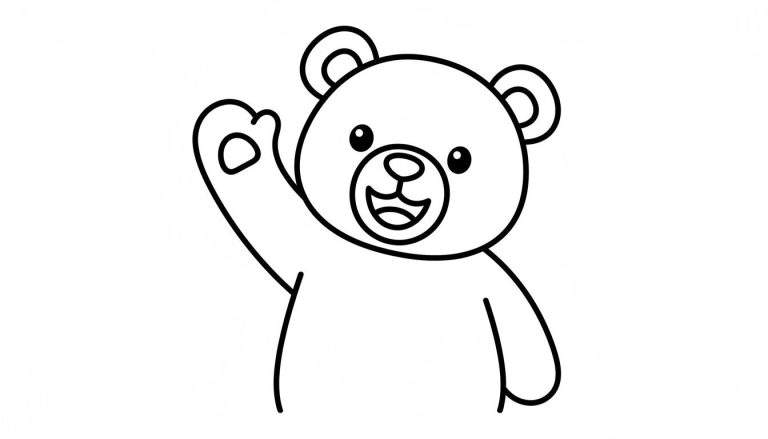 Zwart-wit lijnillustratie van een vrolijke, lachende cartoonbeer met grote oren, kleine ronde ogen en een omhoog geheven arm alsof hij zwaait. Een makkelijke kleurplaat.