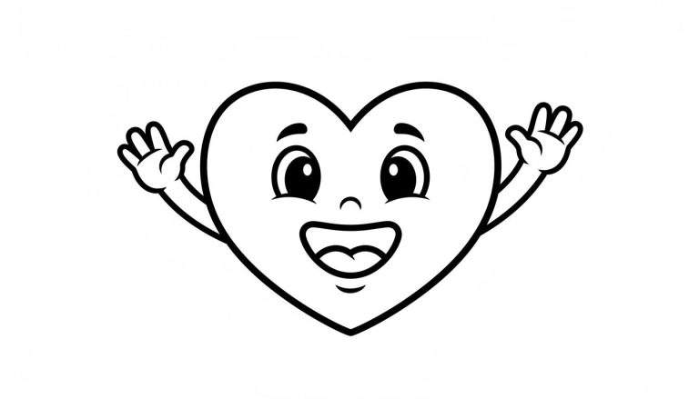 Zwart-wit tekening van een vrolijk, cartoon-achtig hart met gezichtje, glimlach en zwaaiende armen.