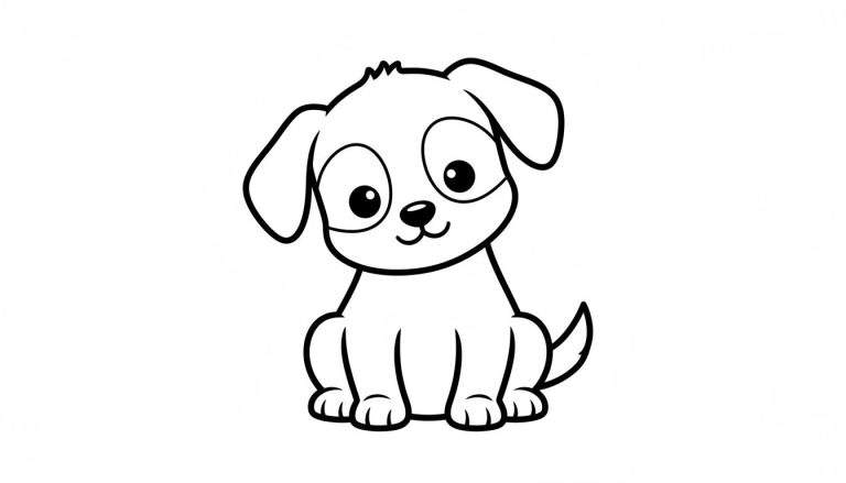 Zwart-wit kleurplaat van een zittend, schattig cartoon hondje met grote ogen, slappe oren, een klein neusje en een vriendelijke glimlach. Eenvoudige stijl met dikke lijnen.