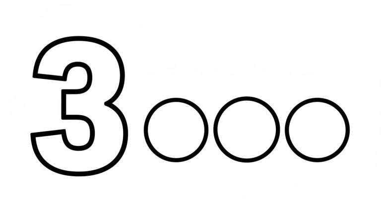 Zwart-wit kleurplaat van het getal 3000, met een dikke contourlijn van de '3' en drie cirkels voor de nullen op een effen witte achtergrond.