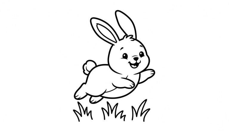 Kleurplaat van een vrolijk, huppelend konijntje met grote oren en een pluizig staartje, met gras eronder en een witte achtergrond.