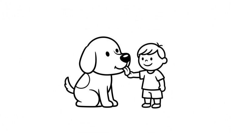 Zwart-wit lijntekening kleurplaat van een vrolijke jongen die lacht terwijl een hond met hangoren en een vlek zijn uitgestoken hand likt. De hond zit links en de jongen staat rechts.