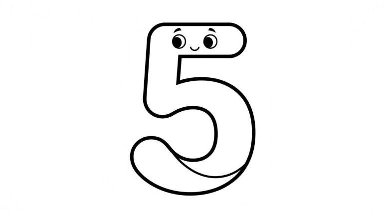 Kleurplaat van het cijfer 5, weergegeven in een vrolijke cartoonstijl met een lachend gezichtje, vriendelijke ogen en wenkbrauwen. Het is een eenvoudige lijntekening op een witte achtergrond, ideaal voor jonge kinderen om in te kleuren.