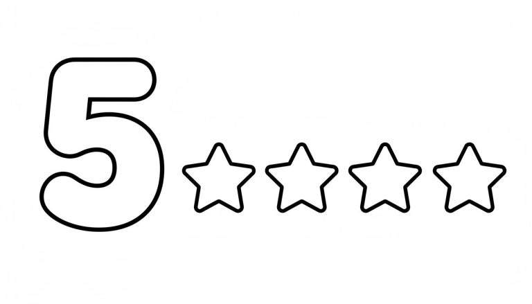 Makkelijke kleurplaat van het cijfer 5 met vier sterren, dik omlijnd met zwarte lijnen op een witte achtergrond.