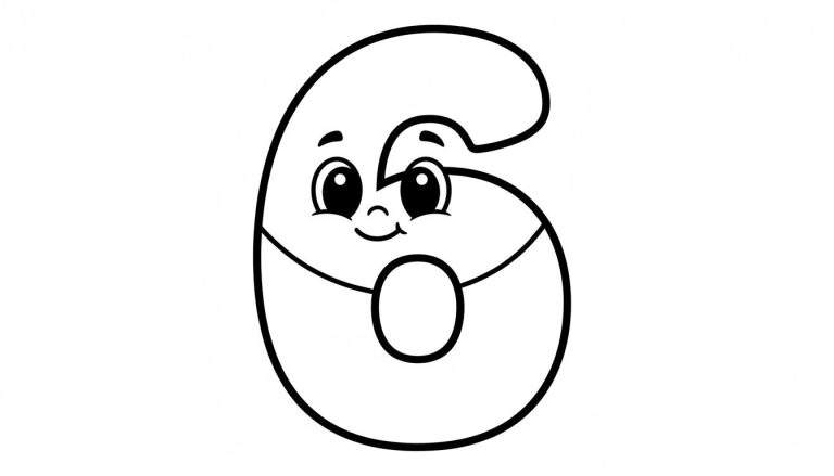Zwart-wit kleurplaat van het cijfer 6, gepersonifieerd met een lachend gezicht, grote ogen en wangetjes, eenvoudig en vriendelijk ontwerp voor kinderen.