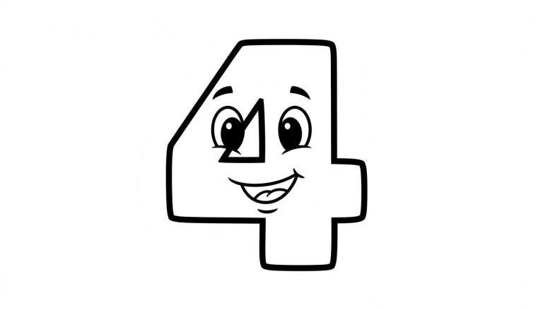 Kleurplaat van een vrolijk, cartoonachtig cijfer 4 met een lachend gezicht, grote ogen, wenkbrauwen en een driehoekige neus. Zwart-wit lijntekening.