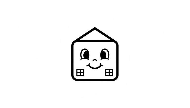 Zwart-wit kleurplaat van een cartoon huisje met een lachend gezicht, grote ogen, kleine neus, glimlach en twee ramen met kruispatronen.