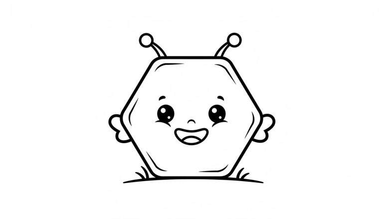 Zwart-witte lijntekening van een schattig, zeshoekig insect-achtig wezentje met grote ogen, een vrolijke glimlach, twee voelsprieten met bolletjes, kleine zij-uitsteeksels en staand op een grasachtige ondergrond.