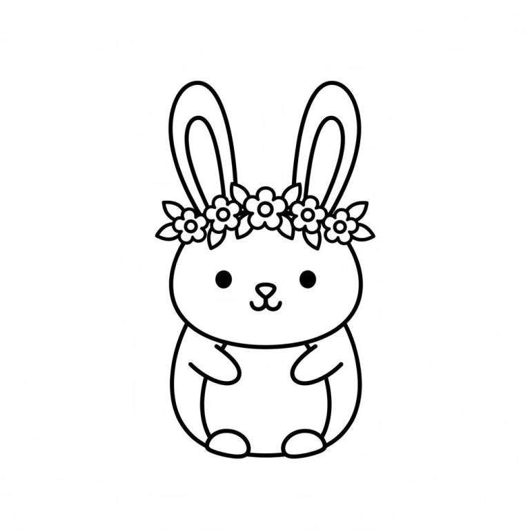 Eenvoudige lijntekening van een schattig konijn met lange oren, puntogen, een gestileerde neus en mond, en een bloemenkrans op zijn hoofd, zittend en vrolijk kijkend.