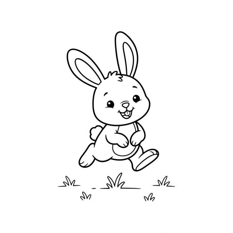 Zwart-wit lijntekening van een vrolijk, huppelend konijntje met lange oren, lachend mondje en blije ogen, in het gras. Makkelijke kleurplaat.