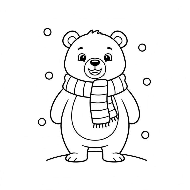 Kleurplaat van een lachende cartoonbeer met gestreepte sjaal en zes vallende sneeuwvlokken op een glooiing.
