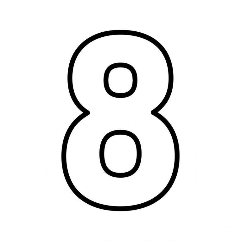 Eenvoudige zwart-wit lijntekening van het cijfer 8, perfect als kleurplaat voor kinderen of als sjabloon.