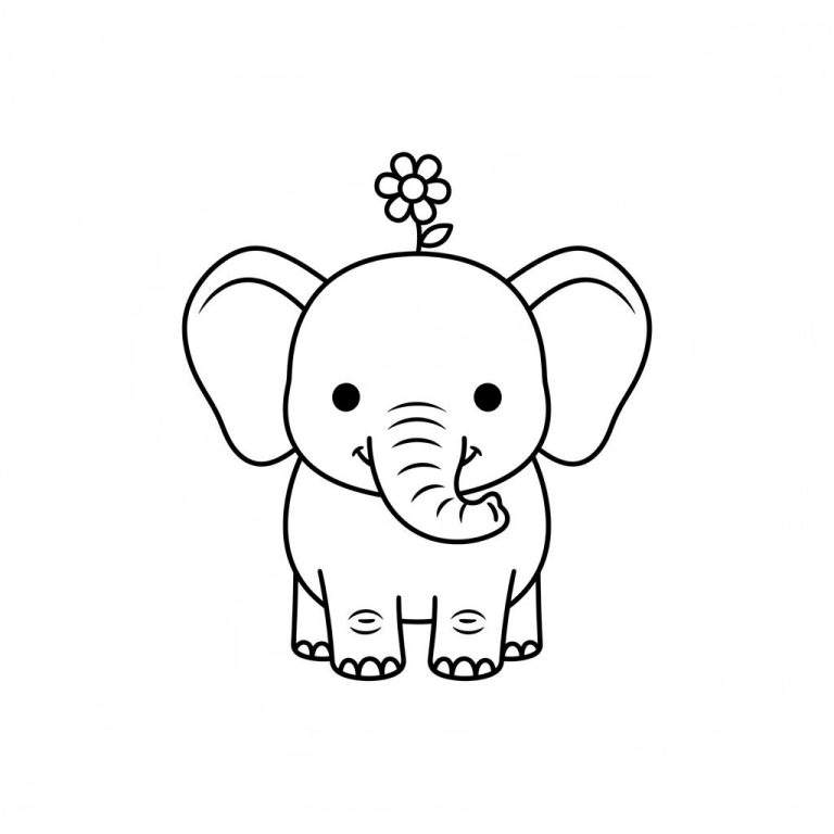 Zwart-wit kleurplaat van een schattige, lachende cartoonolifant met een bloem op zijn hoofd en een omhooggekrulde slurf.