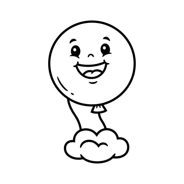 Zwart-wit tekening van een blije, lachende ballon met vriendelijk gezicht, brede glimlach en wenkbrauwen/wimpers, vastgemaakt aan een draadje en zwevend op een cartoonwolkje.