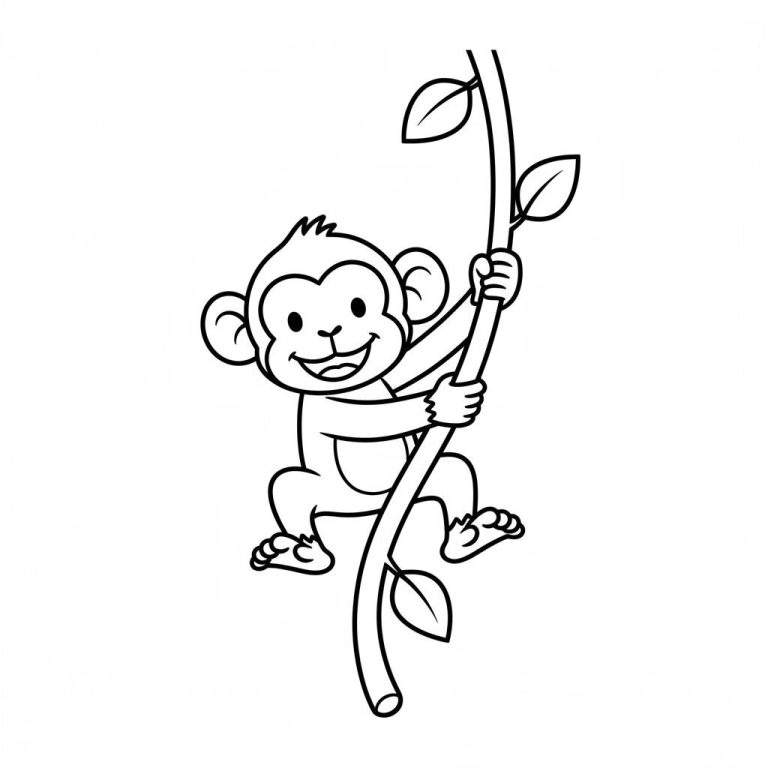 Zwart-wit kleurplaat van een breed lachend, schattig aapje dat aan een liaan met bladeren hangt en lijkt te slingeren.