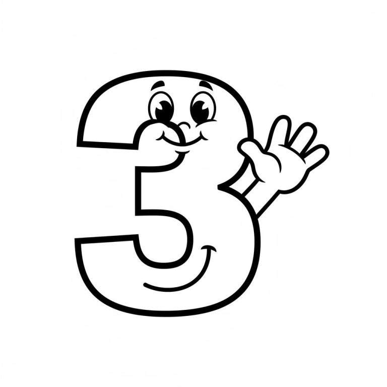 Kleurplaat van een vriendelijk, lachend cartoon cijfer drie met grote ogen, wenkbrauwen en een zwaaiend armpje. Zwart-wit lijntekening met dikke contouren, witte achtergrond.