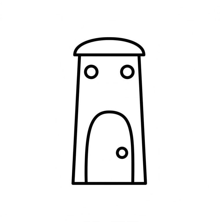 Eenvoudige kleurplaat van een minimalistisch gebouw met een koepeldak, twee kleine ramen of ogen en een boogvormige deur met deurknop, getekend in zwarte contouren.