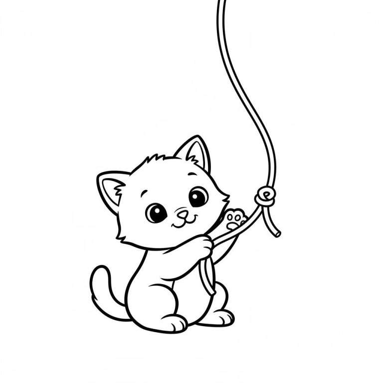 Zwart-wit kleurplaat van een schattig, zittend kitten met puntige oren en pluizige vacht, dat met beide voorpoten een gekruld touw vasthoudt.