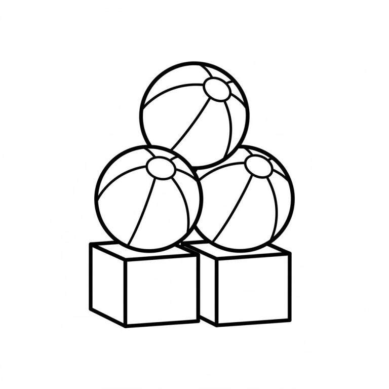 Lijntekening van een piramide van twee kubusvormige blokken met daarop drie strandballen, klaar om ingekleurd te worden. Eenvoudig kleurplaatontwerp voor kinderen.