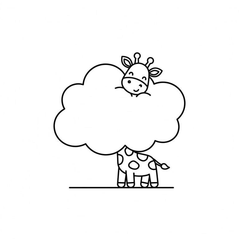 Lijntekening van een lachende giraf die achter een wolk vandaan komt, met zijn hoofd, oortjes en hoorntjes boven de wolk en zijn gespikkelde lichaam en poten eronder, staand op een horizontale lijn. Een eenvoudige kleurplaat voor kinderen.