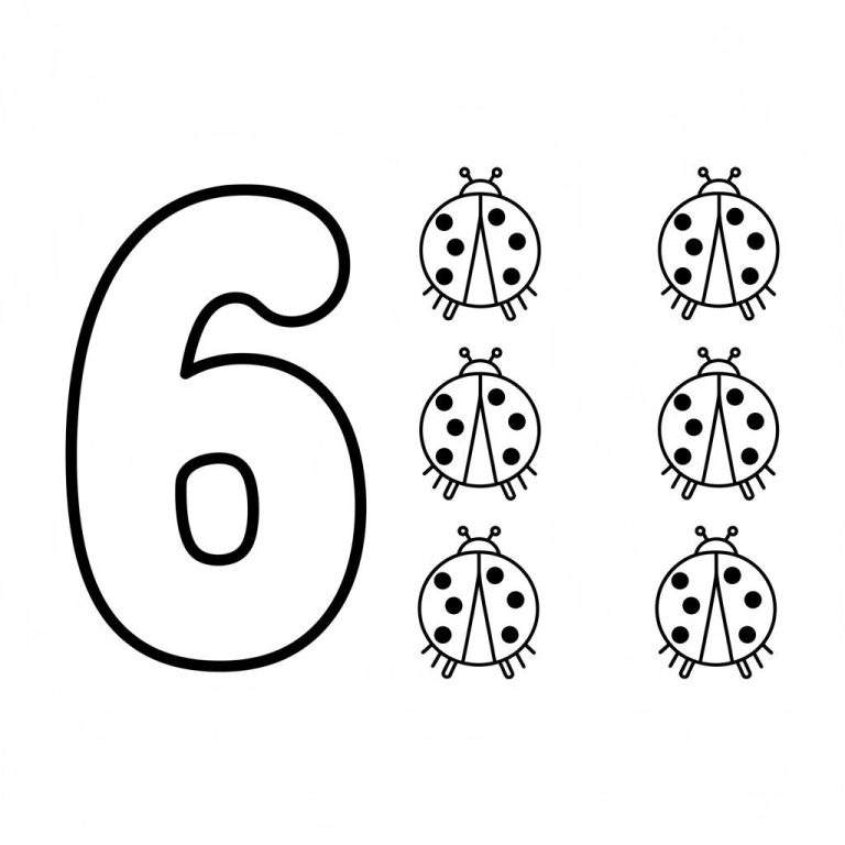 Zwart-wit kleurplaat met een groot hol cijfer 6 links en zes lieveheersbeestjes rechts, elk lieveheersbeestje heeft zes stippen, bedoeld om te leren tellen.