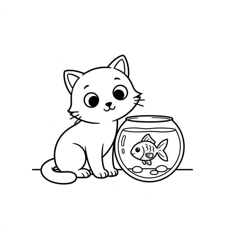 Zwart-wit lijntekening van een schattig, cartoonachtig katje dat nieuwsgierig naar een goudvis in een vissenkom kijkt. Eenvoudige kleurplaat.