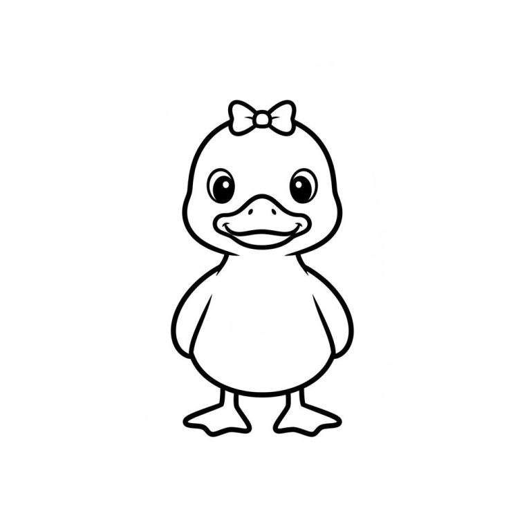 Zwart-wit kleurplaat van een schattig eendje met grote ogen, een glimlachende snavel en een strikje op zijn hoofd. Eenvoudige lijntekening.