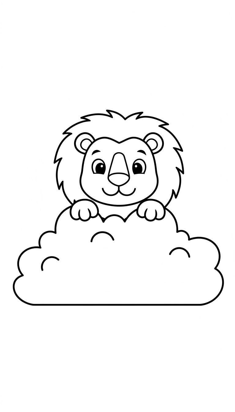 Zwart-wit kleurplaat van een glimlachende cartoonleeuw met grote ogen, die over een wolk kijkt. Zijn voorpoten rusten op de wolk.