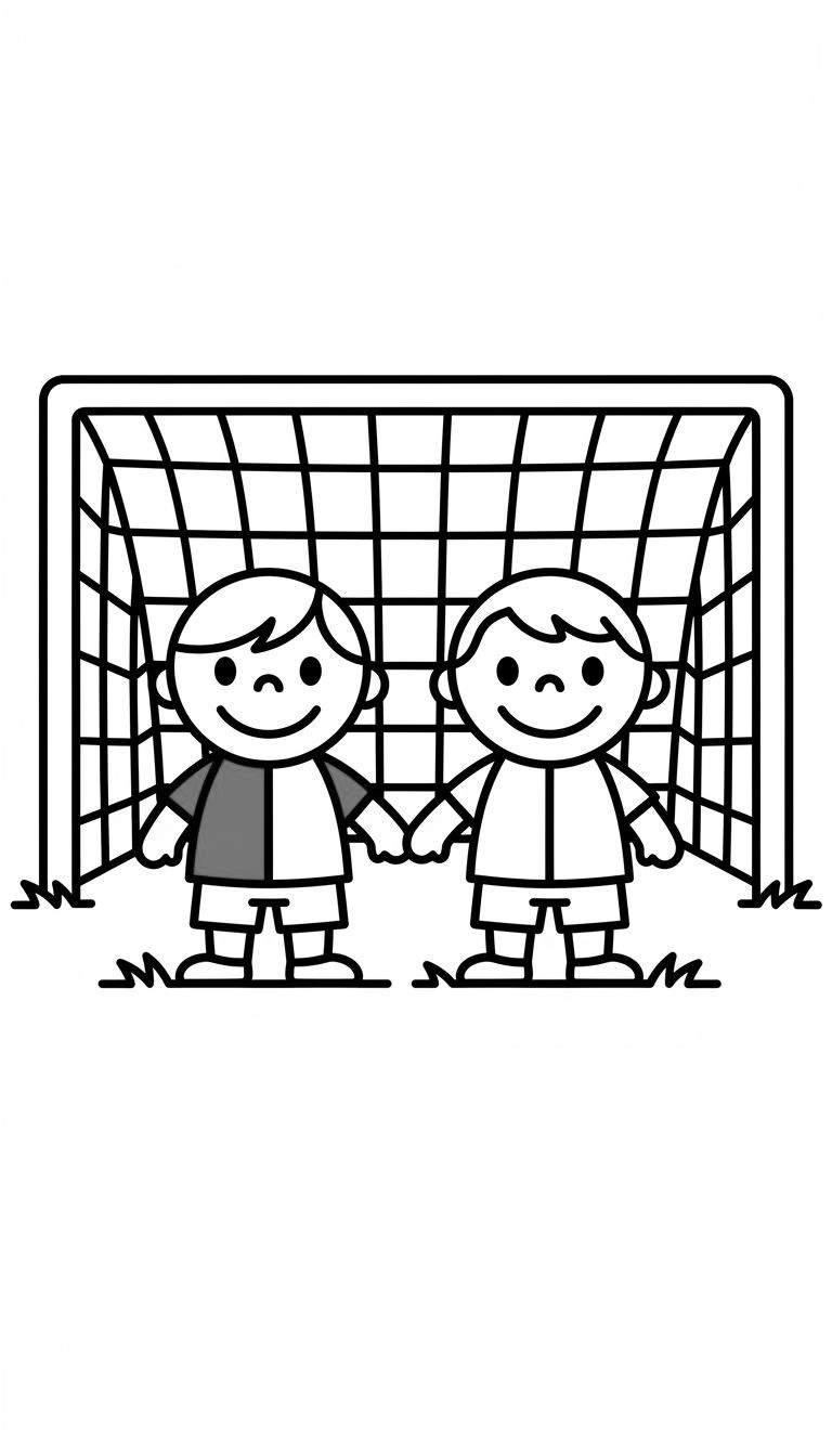 Zwart-wit tekening van twee blije jongetjes die hand in hand voor een voetbaldoel staan. De jongen links heeft een half-ingekleurd shirt, de jongen rechts een wit shirt. Eenvoudige, cartoonachtige stijl met graslijnen.