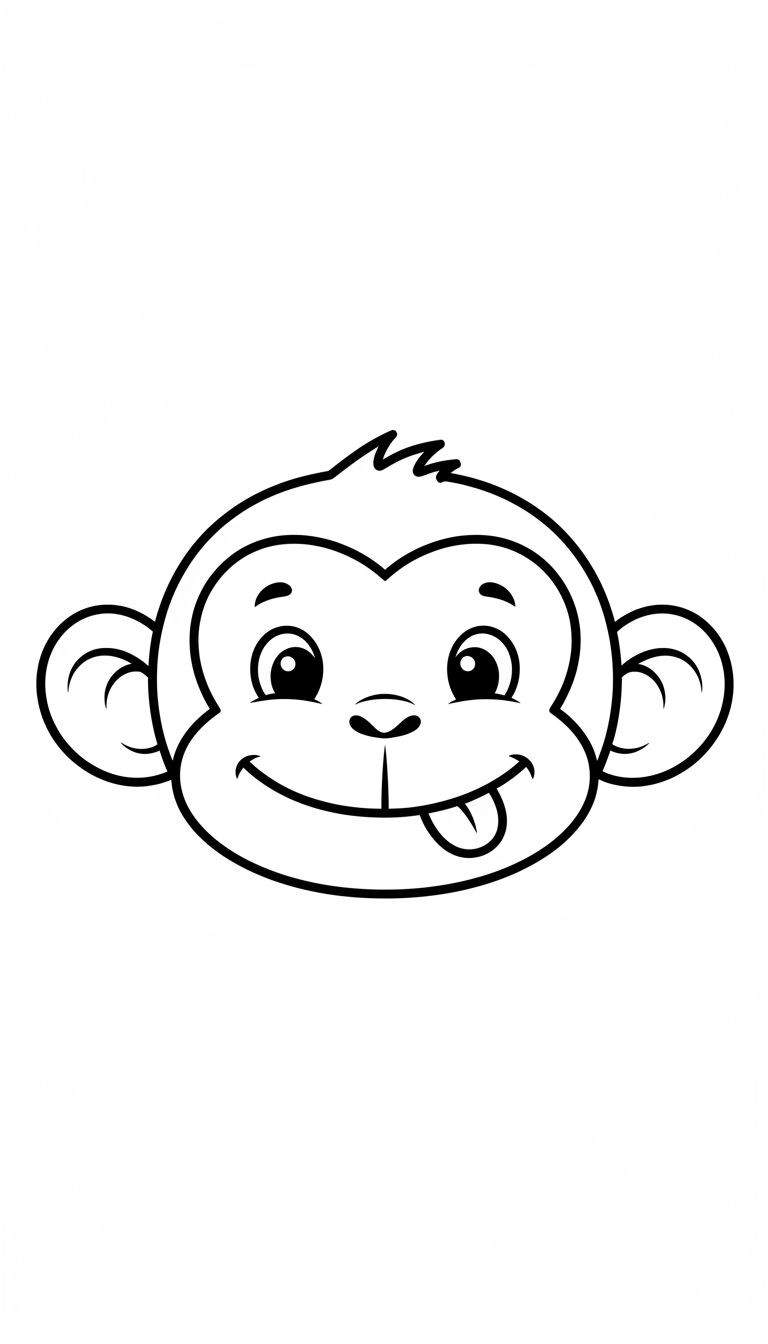 Zwart-wit cartoon apenhoofd kleurplaat met brede glimlach en uitgestoken tong, grote ogen en oren, en warrig haar.