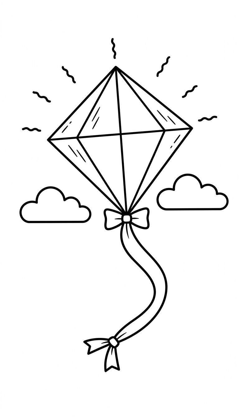 Zwart-wit kleurplaat van een grote, gefacetteerde diamant met glinsteringen, een strik, en een lang golvend lint met nog een kleinere strik eronder, zwevend tussen twee eenvoudige wolkjes. Het geheel lijkt op een diamantvlieger of een sierlijke hanger.