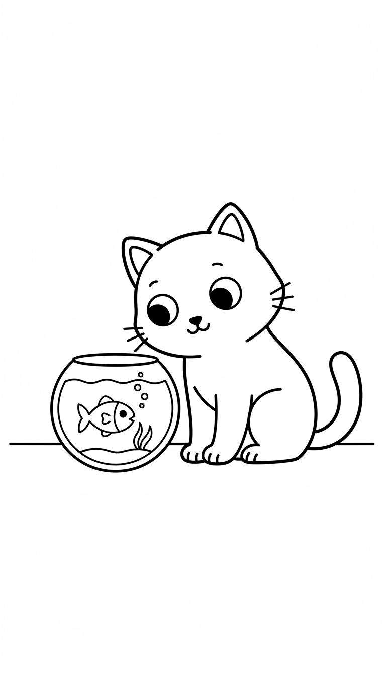 Kleurplaat van een schattige cartoonkat die nieuwsgierig kijkt naar een vis in een ronde vissenkom met waterplant en bubbels.