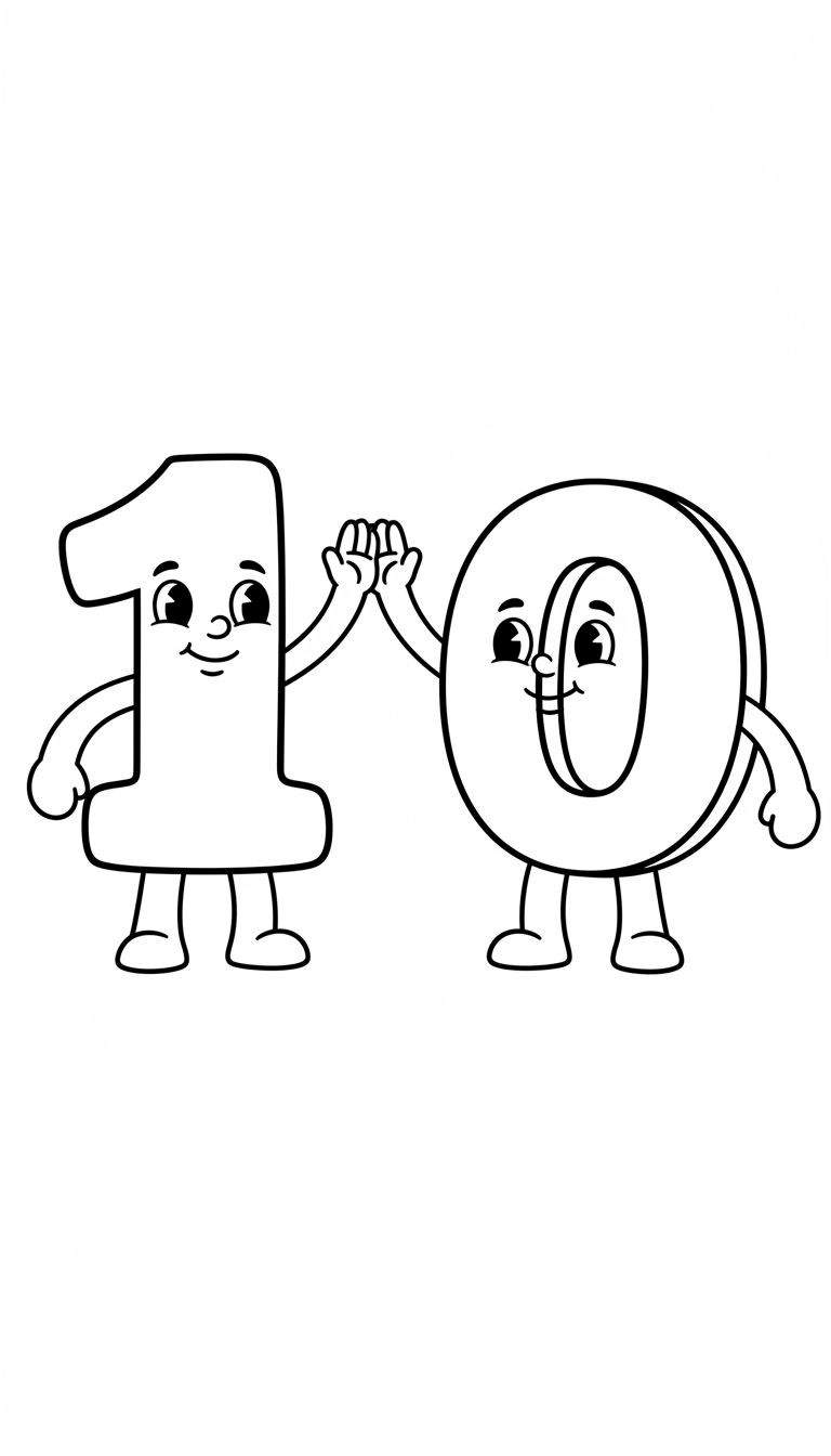 Zwart-wit kleurplaat van de gepersonifieerde cijfers 1 en 0 die samen het getal 10 vormen, met vrolijke gezichtjes en die elkaar een high-five geven.