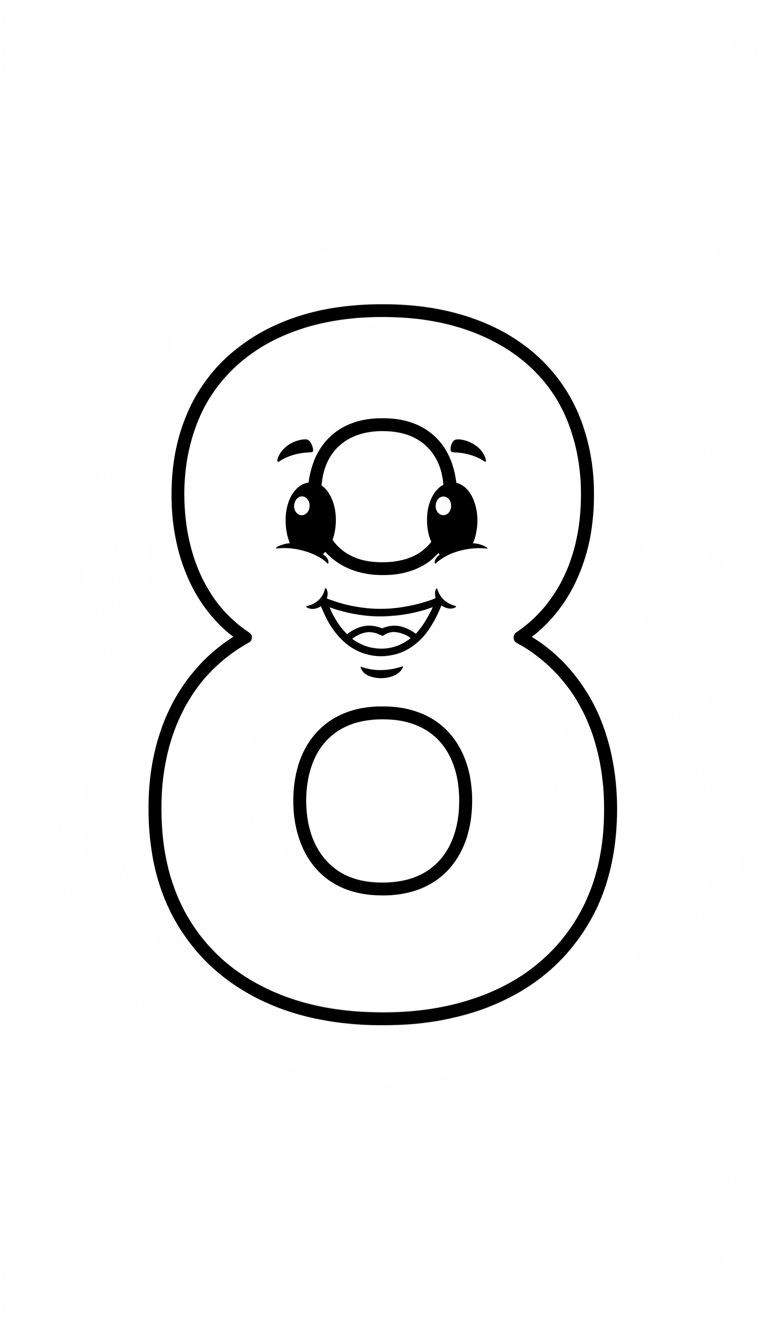 Zwart-wit kleurplaat van een vrolijk, gepersonaliseerd getal 8 met gezichtje.