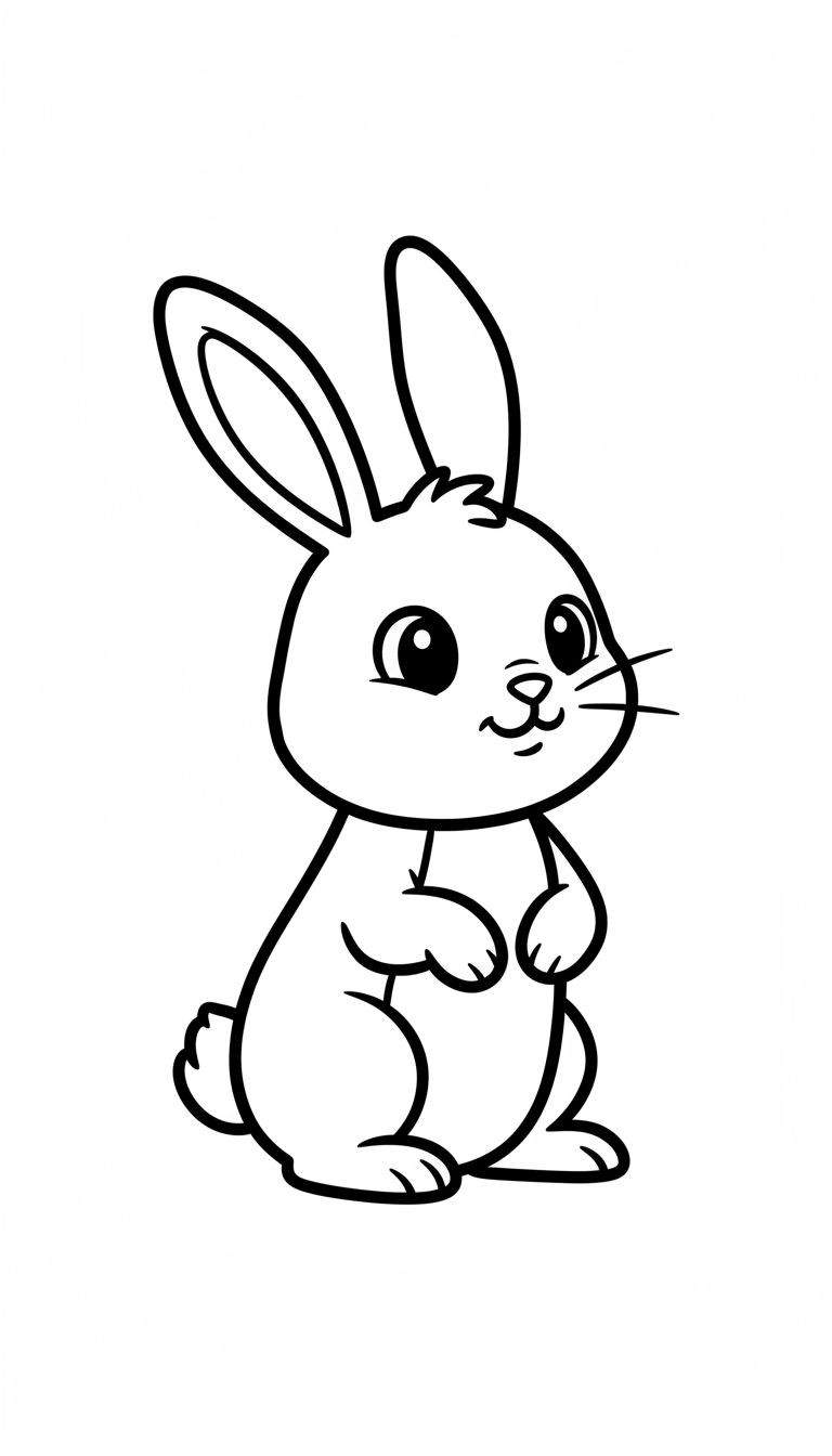 Zwart-wit lijntekening van een schattig konijntje dat rechtop staat op zijn achterpoten, met een lachend gezichtje, lange rechtopstaande oren en een klein rond staartje. De lijnen zijn eenvoudig en duidelijk, geschikt als kleurplaat.
