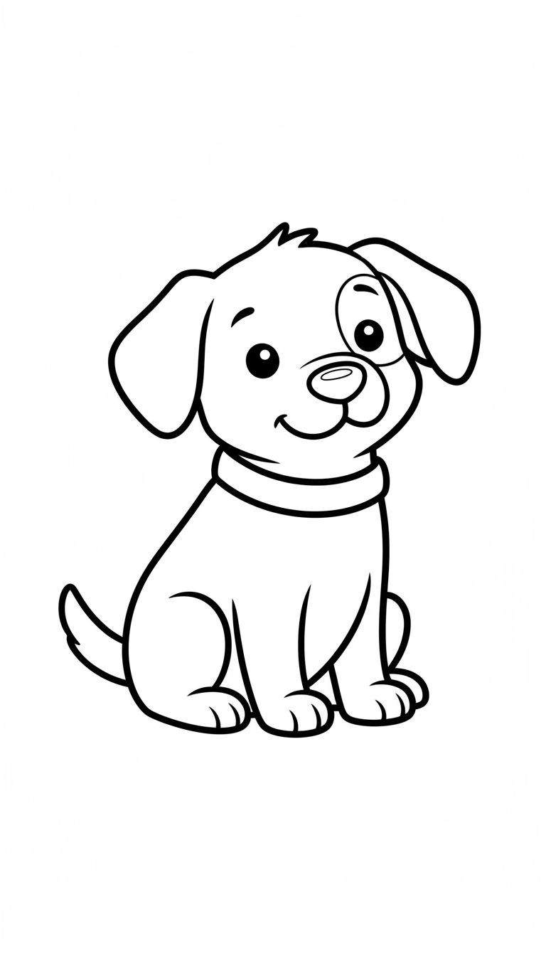 Zwart-wit lijntekening van een zittende, schattige cartoonpuppy met een glimlach, grote ronde ogen, een ooglapje, hangende oren en een halsband op een effen witte achtergrond.