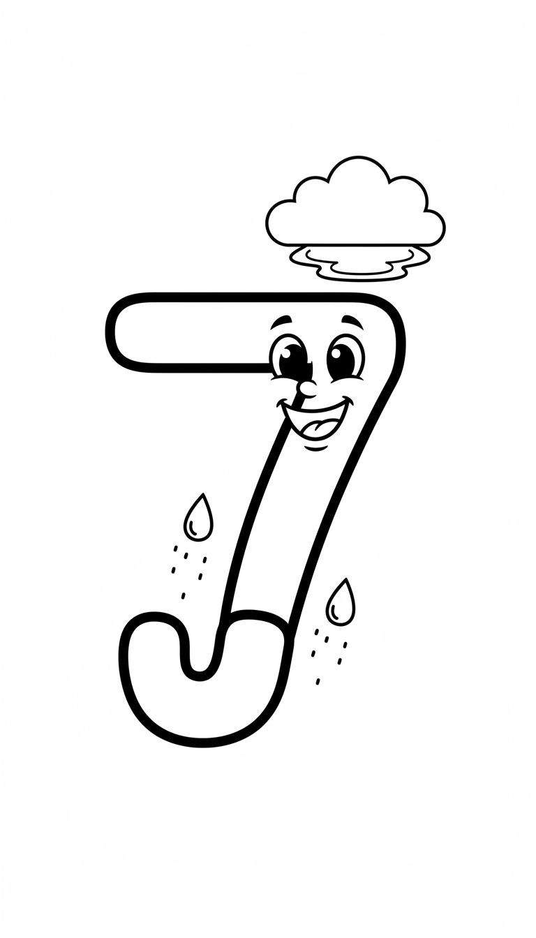 Zwart-wit kleurplaat van geanimeerd cijfer 7 met lachend gezicht, zwevende wolk en vallende regendruppels.