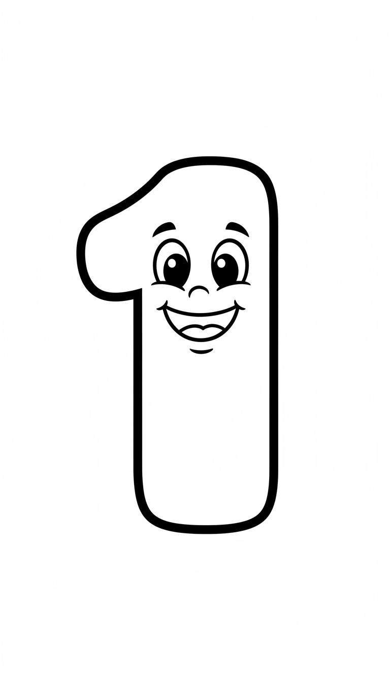 Kleurplaat van het vrolijke cijfer één (1) met een lachend gezicht, grote ogen, neus en brede mond met tong. Kindvriendelijke afbeelding met dikke lijnen.