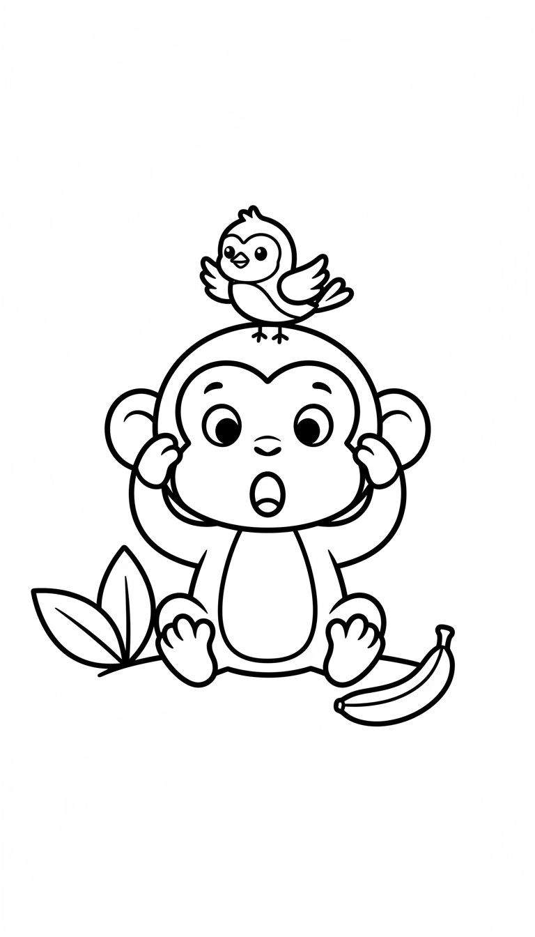 Kleurplaat van een zittend, verbaasd aapje met handen voor de oren, een vogeltje op zijn hoofd, en een banaan met bladeren ernaast.