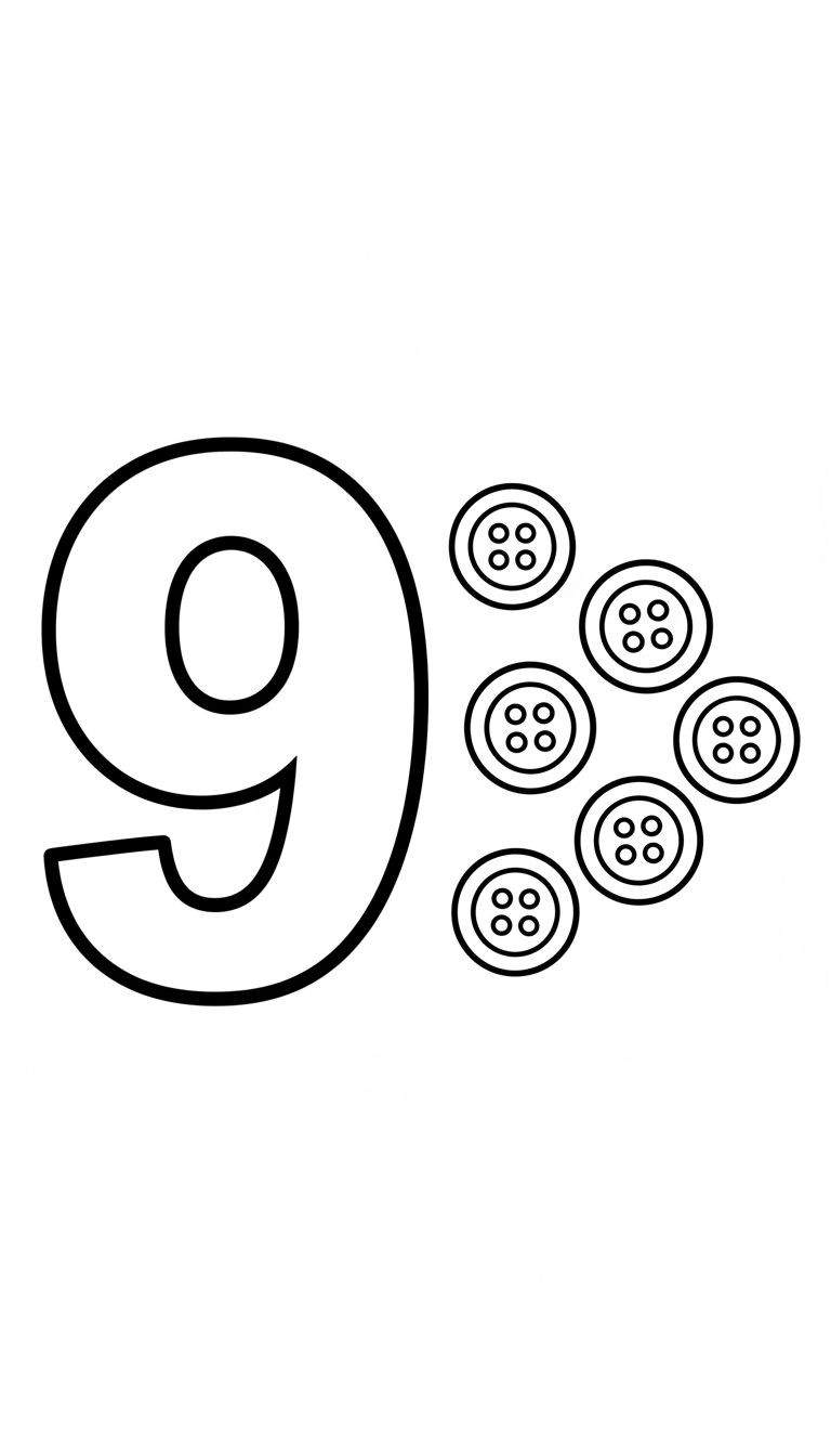 Kleurplaat van het cijfer 9 en zeven ronde knopen, elk met vier gaten, eenvoudig en duidelijk afgebeeld.
