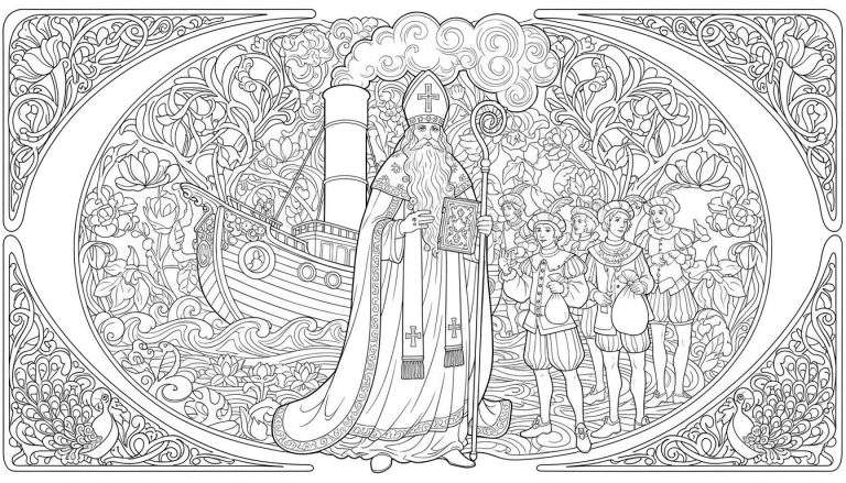 Gedetailleerde Sinterklaas kleurplaat in Art Nouveau stijl: een bisschop met mijter, staf en boek, geflankeerd door een schip met stoom en vijf jongens in historische kleding, omringd door een weelderige rand met bloemen, bladeren en pauwen.