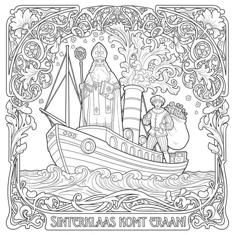 Gedetailleerde Sinterklaas kleurplaat: Sinterklaas en Zwarte Piet op een stoomboot met cadeaus en rookpluimen, omgeven door een Art Nouveau rand, met de tekst 'SINTERKLAAS KOMT ERAAN!'.