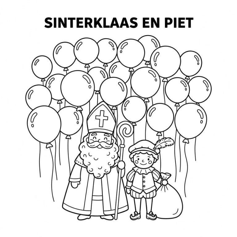Zwart-wit kleurplaat van Sinterklaas met staf en lange baard, en Piet met baret, pofbroek en een zak, beiden omringd door zwevende ronde ballonnen met touwtjes, klaar om ingekleurd te worden.