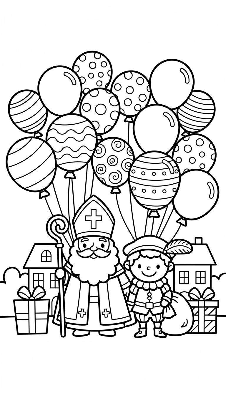Zwart-wit Sinterklaas kleurplaat met Sinterklaas links, Piet rechts met zak en baret. Bovenaan diverse feestelijke ballonnen, op de achtergrond gestileerde huisjes en onderaan twee ingepakte cadeaus.