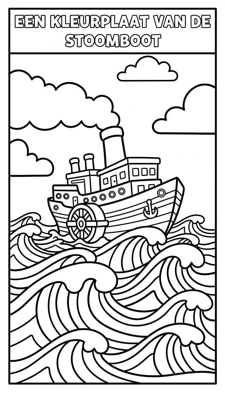 Zwart-wit lijntekening kleurplaat van de Sinterklaas stoomboot op woelige golven. De boot heeft een schoepenrad, rokerige schoorsteen, ramen en een anker. Er zijn wolken in de lucht en de tekst 'EEN KLEURPLAAT VAN DE STOOMBOOT' bovenaan.