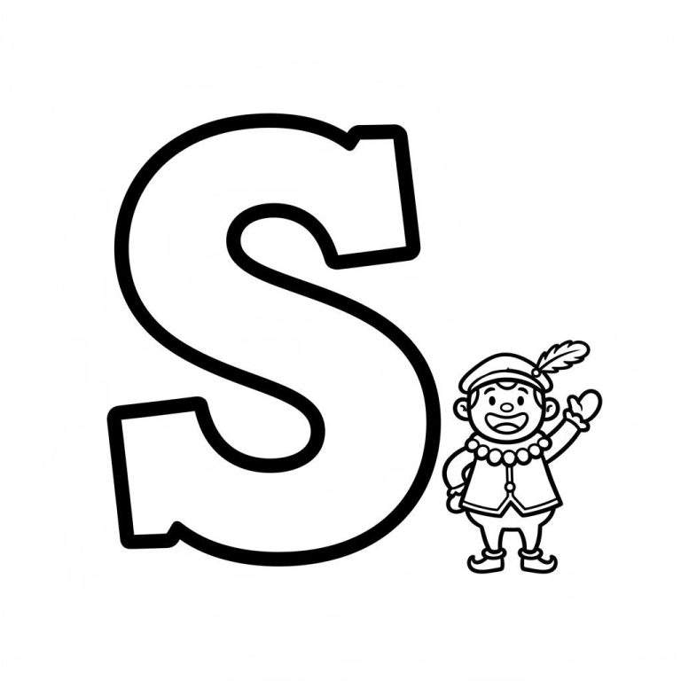 Sinterklaas kleurplaat met grote letter S en een lachend Pietje in historische kleding, zwaaiend, voor peuters.