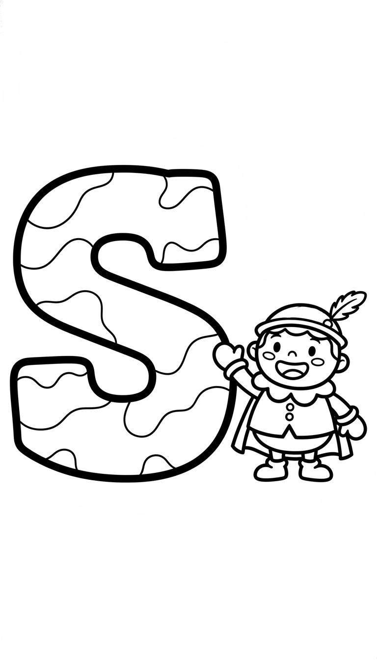 Kleurplaat: Vrolijk Sinterklaas-jongetje met pluimhoed zwaaiend naast grote, decoratieve letter 'S' met golvende lijnen.